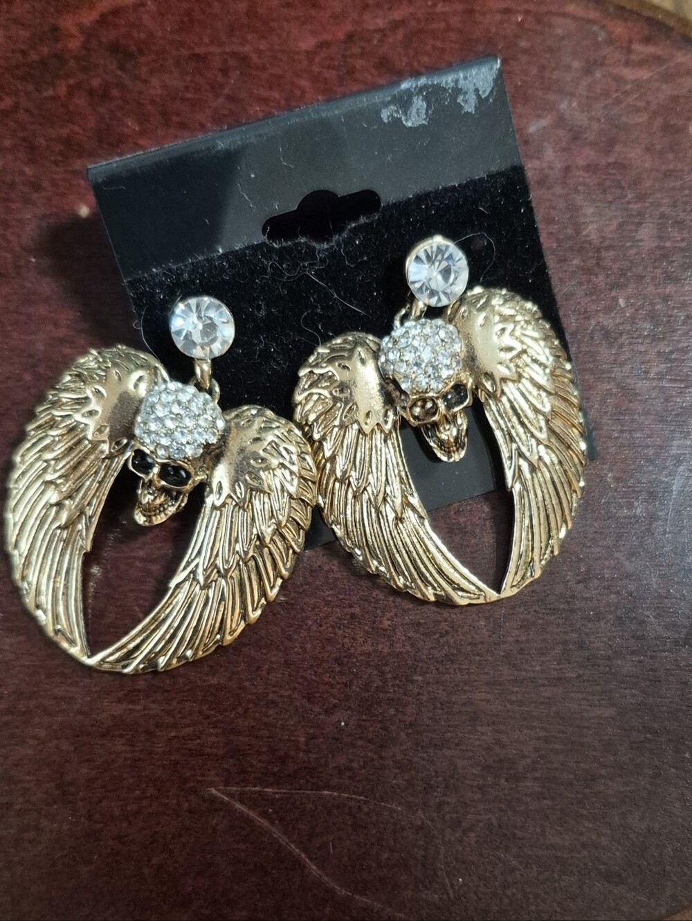 Gold Winged Skull Drop Earrings with Crystal Studs - Women Jewelry